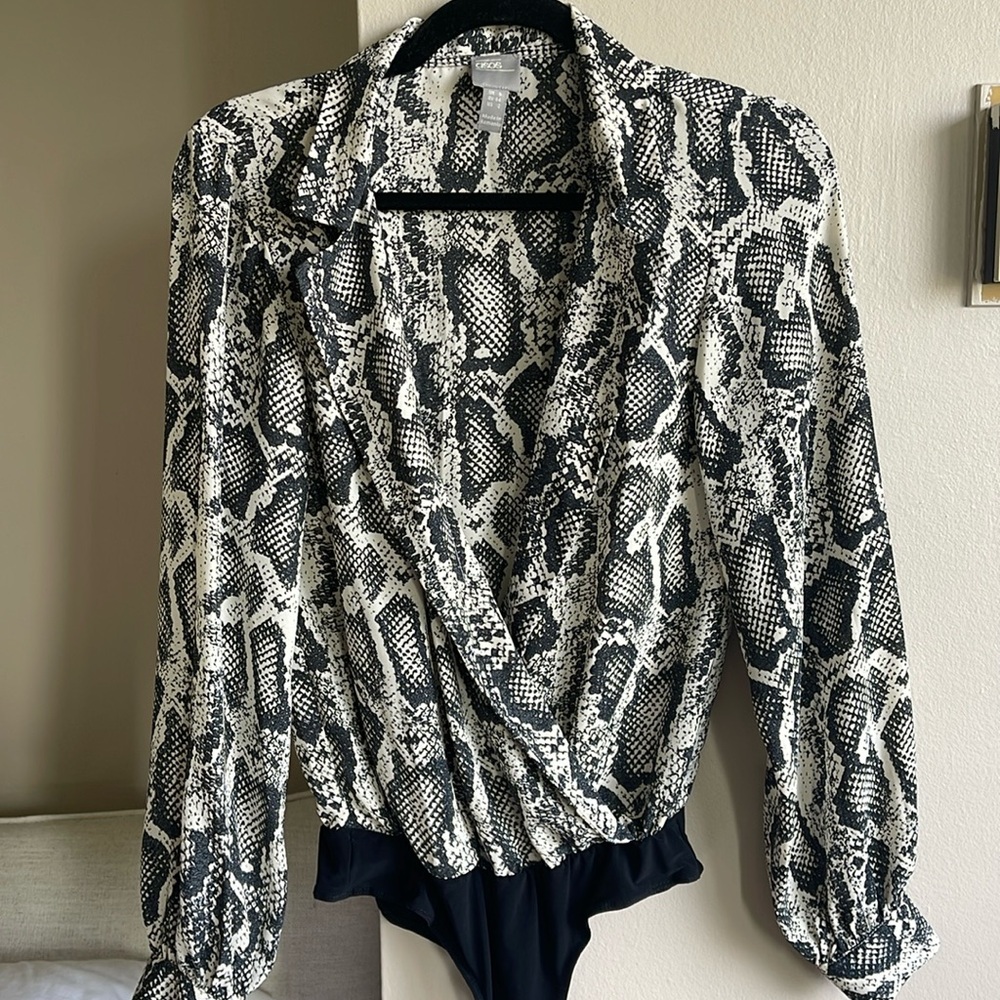 ASOS deep v cross front snake print long sleeve bodysuit
